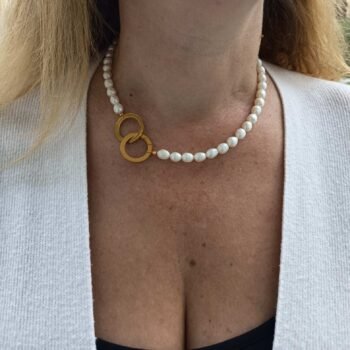 Κολιέ Μαργαριτάρι με Ατσάλινα Χρυσά Κρίκους