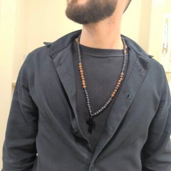 Ανδρικό Κολιέ Obsidian Cross με Μαύρο Ατσάλινο Σταυρό και Χάντρες Λάβας & Ιασπις Ματ σοκ Φιδι