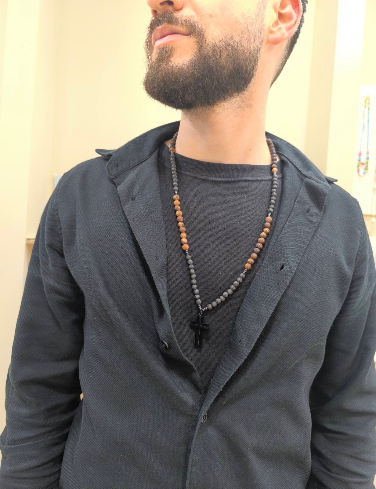 Ανδρικό Κολιέ Obsidian Cross με Μαύρο Ατσάλινο Σταυρό και Χάντρες Λάβας & Ιασπις Ματ σοκ Φιδι