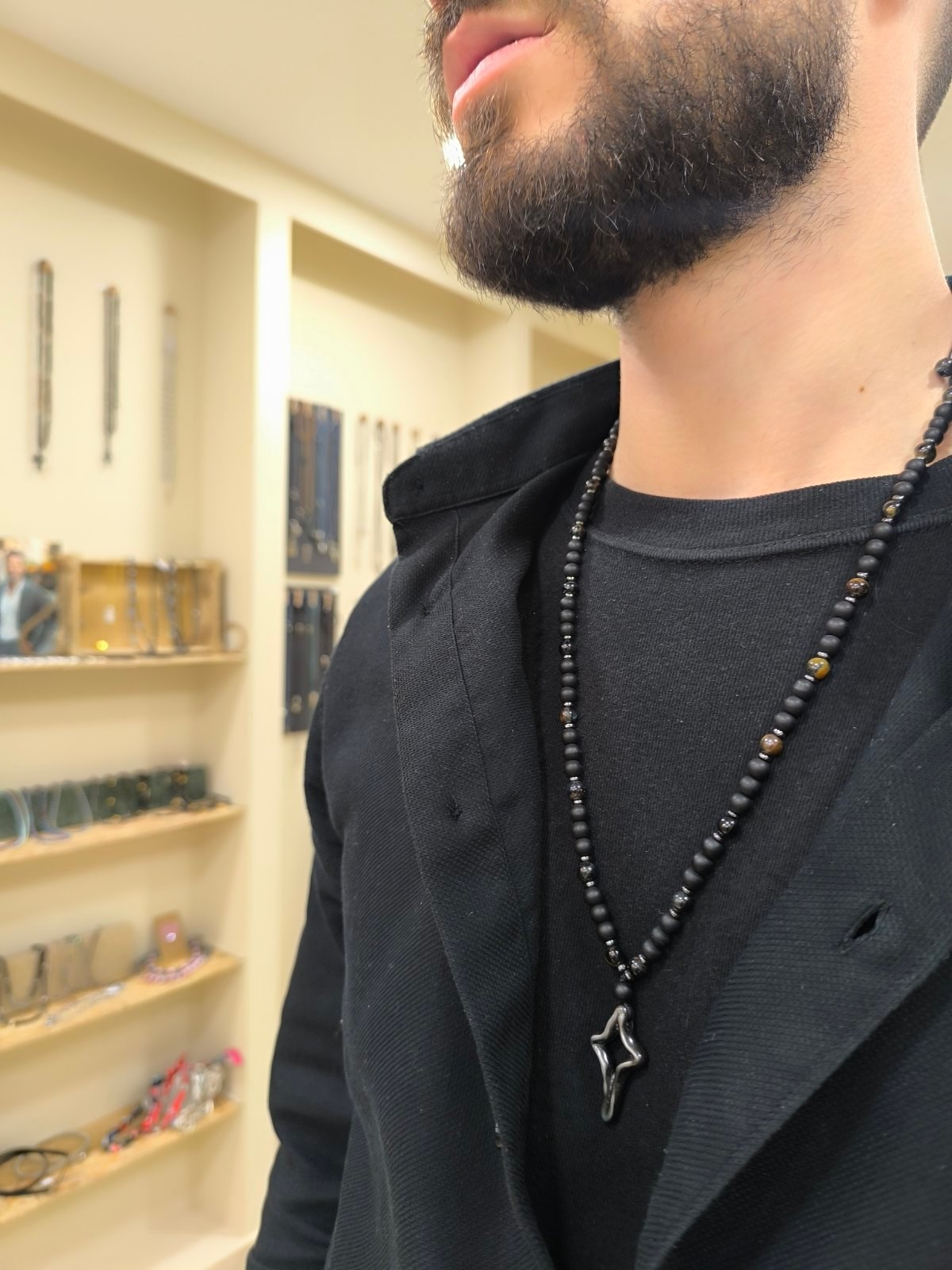 Ανδρικό Κολιέ Obsidian Cross με Μαύρο Ατσάλινο Σταυρό και Χάντρες Λάβας & Ιασπις Ματ σοκ Φιδι - Image 2